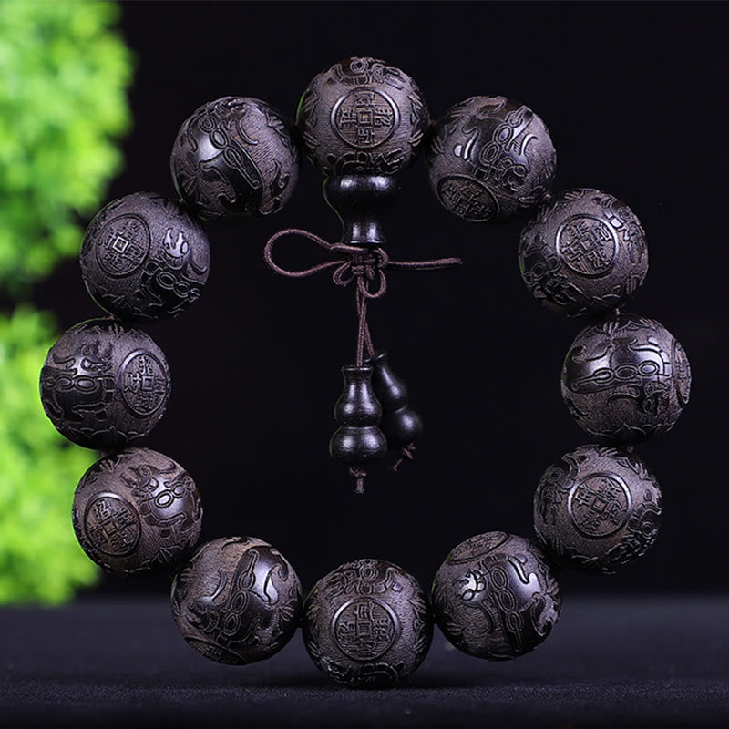 Chinese Zodiac Rosewood Ebony Boxwood Copper Coin PiXiu Carved Warmth Bracelet