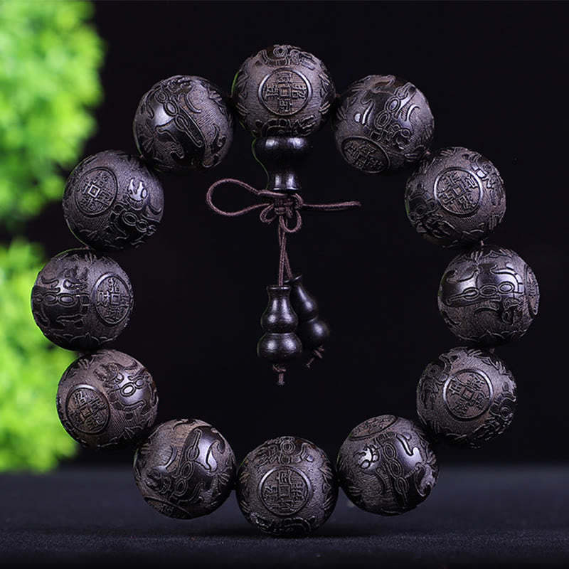 Chinese Zodiac Rosewood Ebony Boxwood Copper Coin PiXiu Carved Warmth Bracelet
