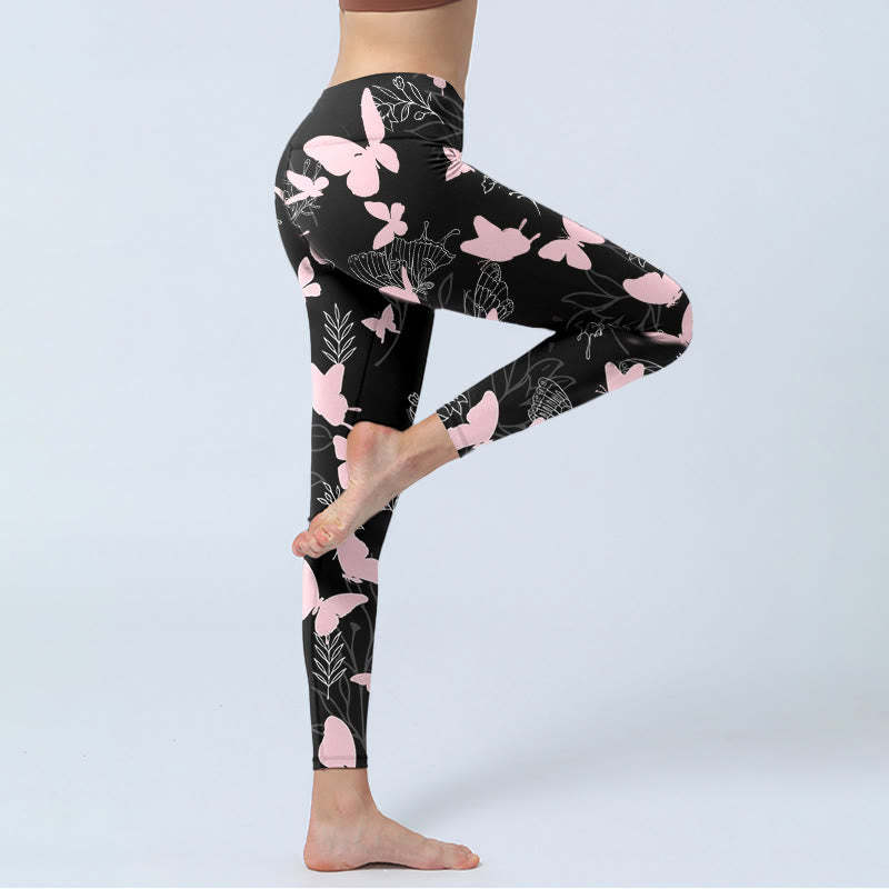 Black Butterfly Plant Lines Pattern Print Gym Leggings Women's Yoga Pants