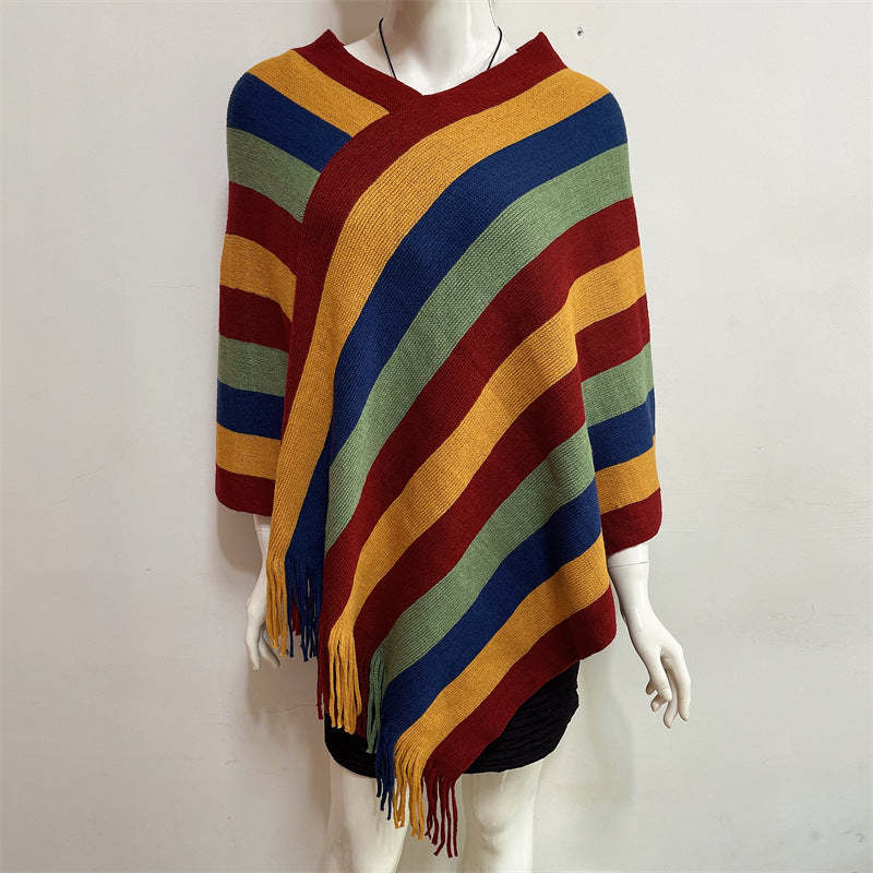 Tibetan Colorful Striped Design Shawl Tassels Pullover Winter Cozy Travel Scarf Wrap