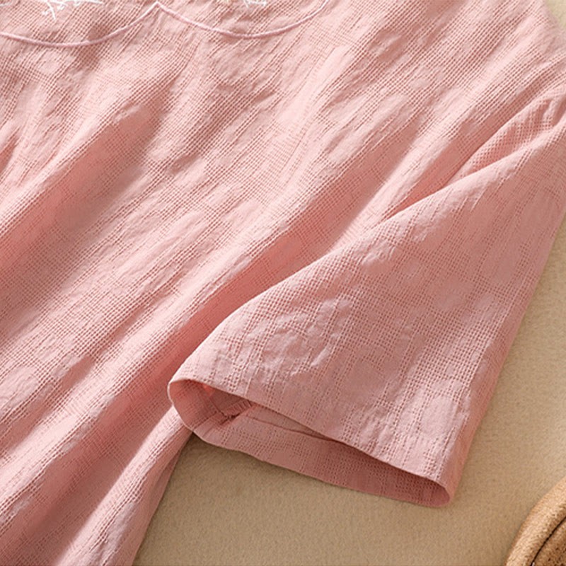 Plum Blossom Embroidery Frog-Button Short Sleeve Cotton Linen Shirt