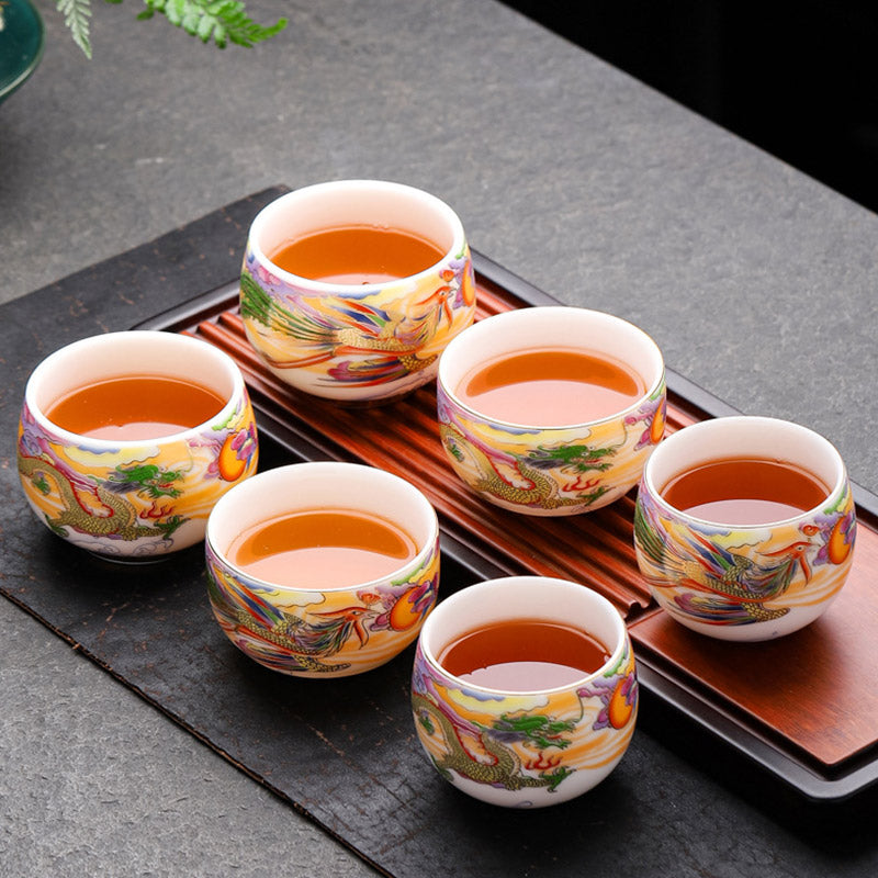 Dragon Phoenix Auspicious Clouds Sun Ocean Waves Ceramic Teacup Kung Fu Tea Cup