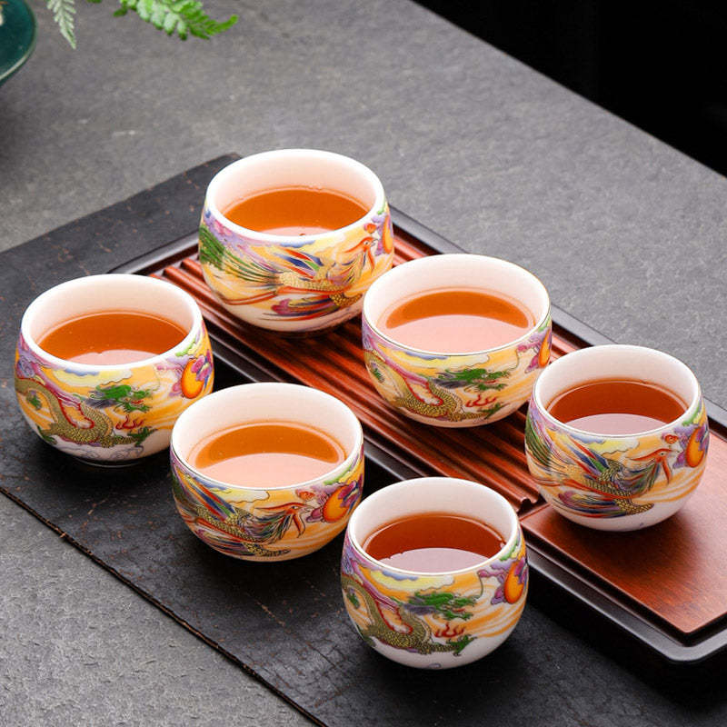 Dragon Phoenix Auspicious Clouds Sun Ocean Waves Ceramic Teacup Kung Fu Tea Cup