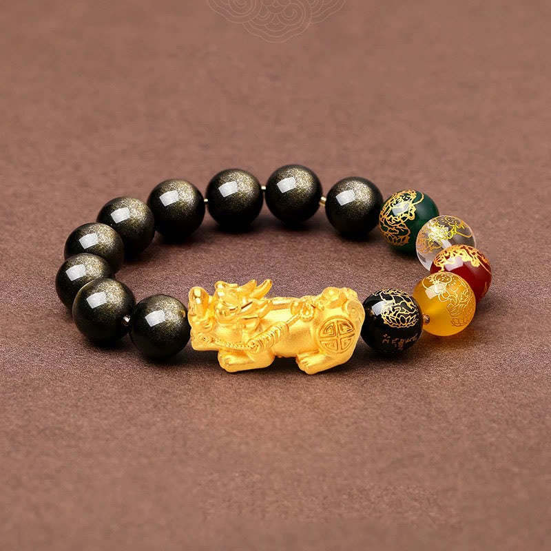 Natural Gold Sheen Obsidian PiXiu Five Directions Gods of Wealth Protection Bracelet