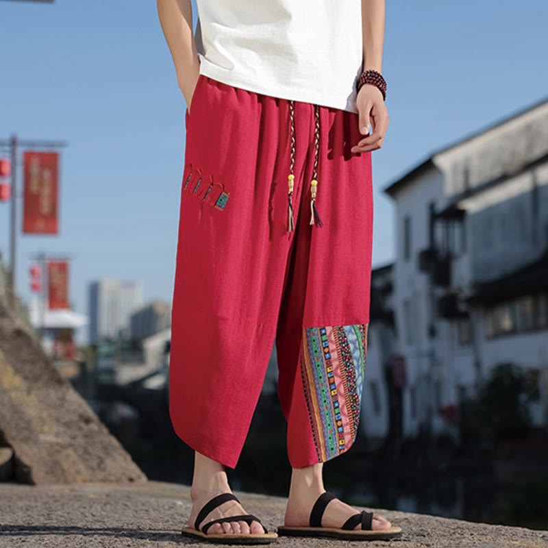 Bohemian Patchwork Pattern Cotton Drawstring Men's Wide Leg Pants With Pockets