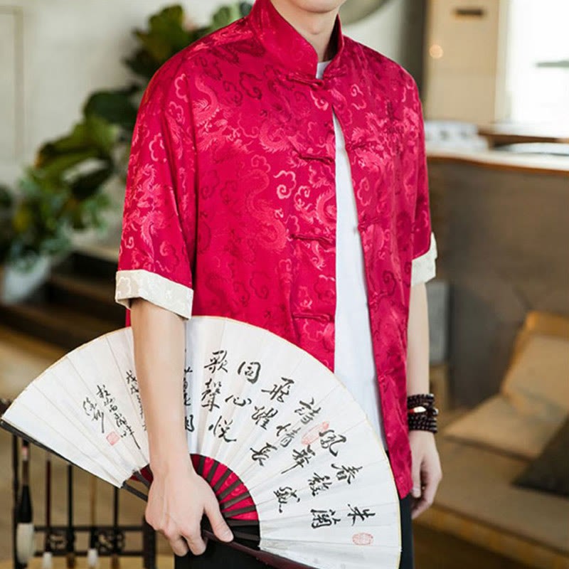 Chinese Tang Suit Frog-button Dragon Print Men's Half Sleeve Shirts