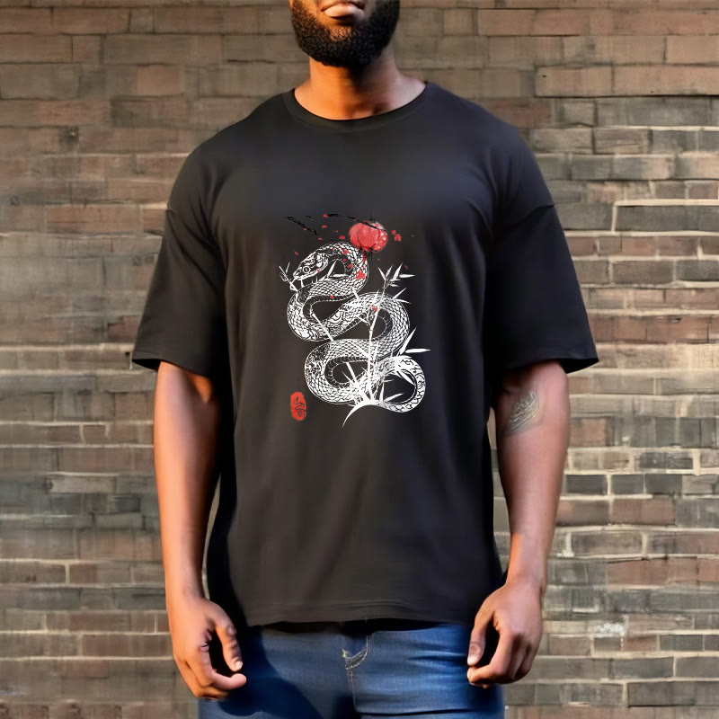 Lantern Bamboo Leaves Snake Design Cotton Tee T-shirt