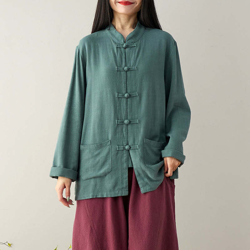 Solid Color Frog-button Long Sleeve Cotton Linen Women's Shirts With Pockets