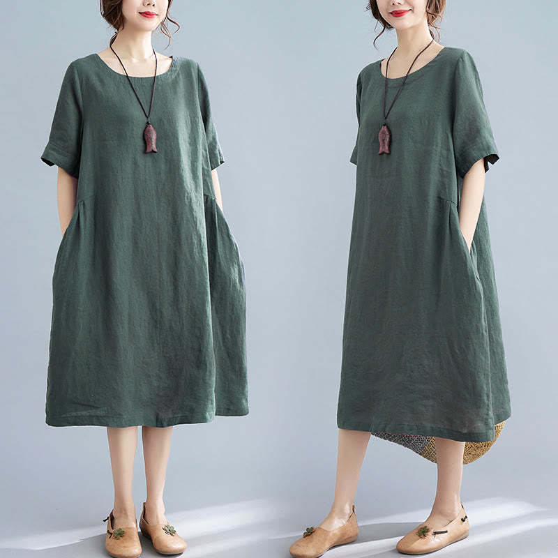 Casual Loose Solid Color Cotton Linen Crew Neck Half Sleeve Design Midi Dress With Pockets