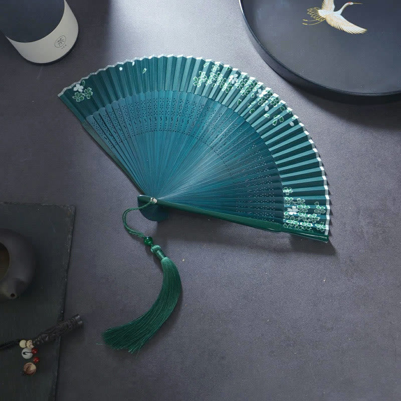 Flower Plain Handheld Polyester Tassel Bamboo Folding Fan 21cm