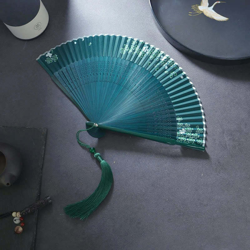 Flower Plain Handheld Polyester Tassel Bamboo Folding Fan 21cm