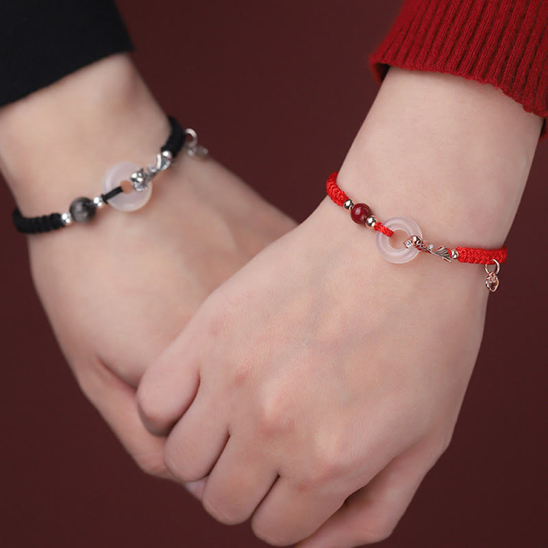 Handmade Chalcedony Peace Buckle Koi Fish 925 Sterling Silver Braided String Positive Couple's Bracelet
