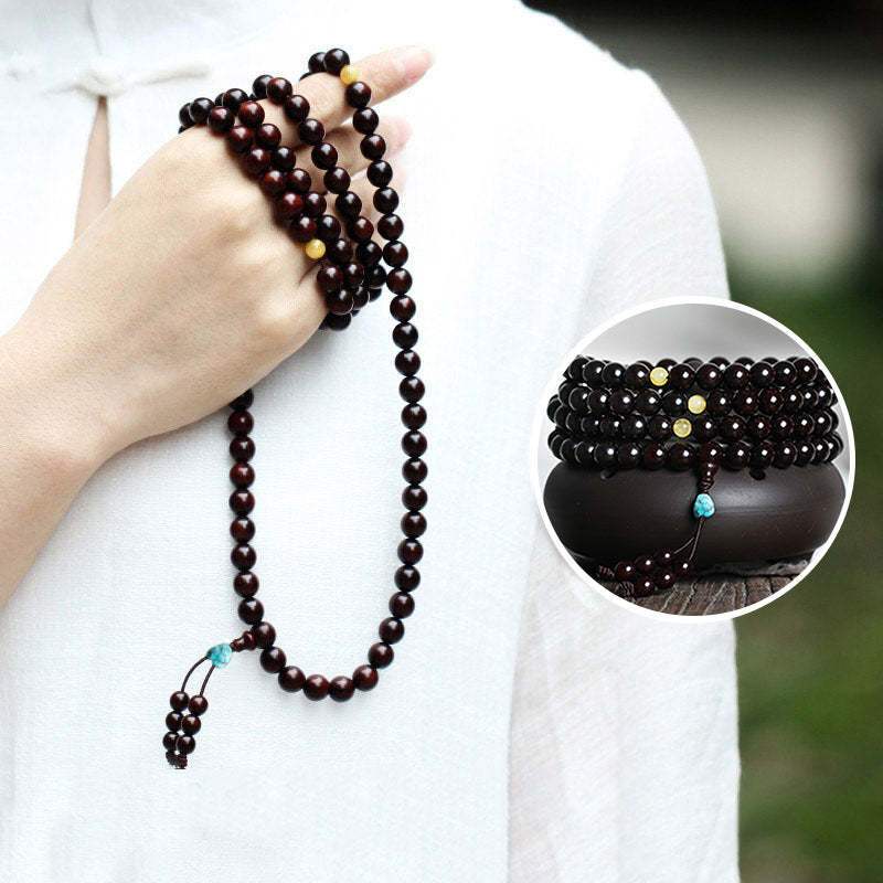 108 Mala Beads 4.8 Stars With Gold Star Indian Small Leaf Red Sandalwood Amber Turquoise Chinese Knotting Blessing Bracelet