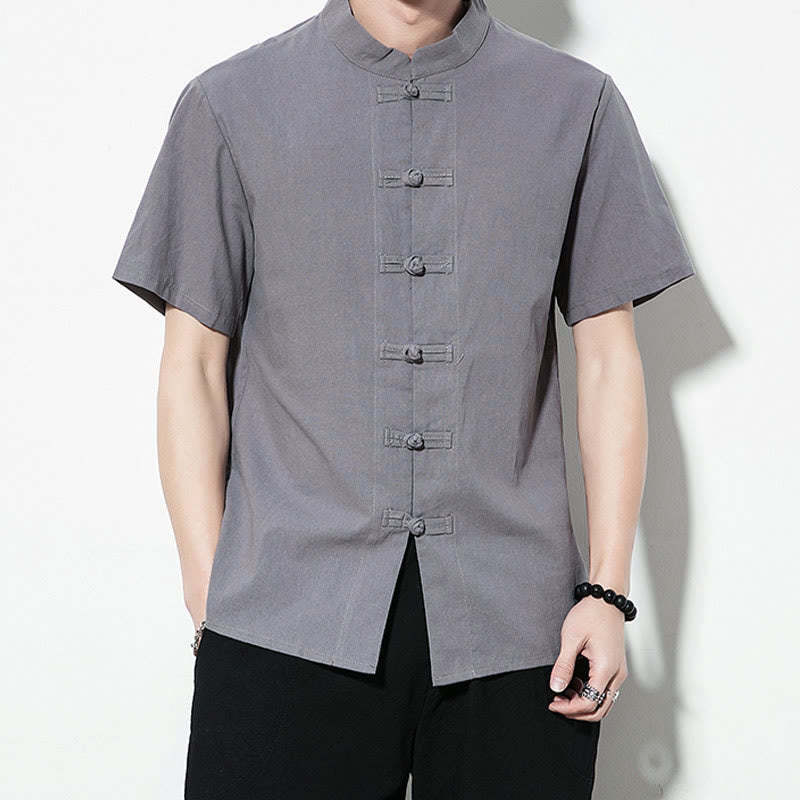 Casual Solid Color Front Frog Buttons Chinese Tang Suit Short Sleeve Linen Men's Shirt