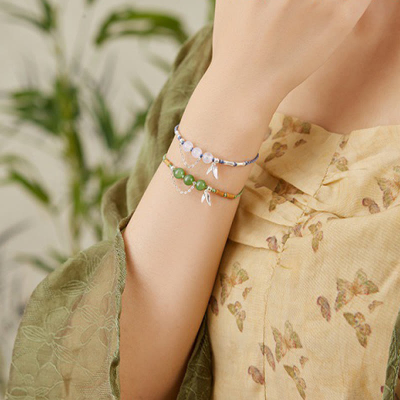 925 Sterling Silver Bamboo Leaves Hetian Jade Chalcedony Beads Blessing Braided Bracelet