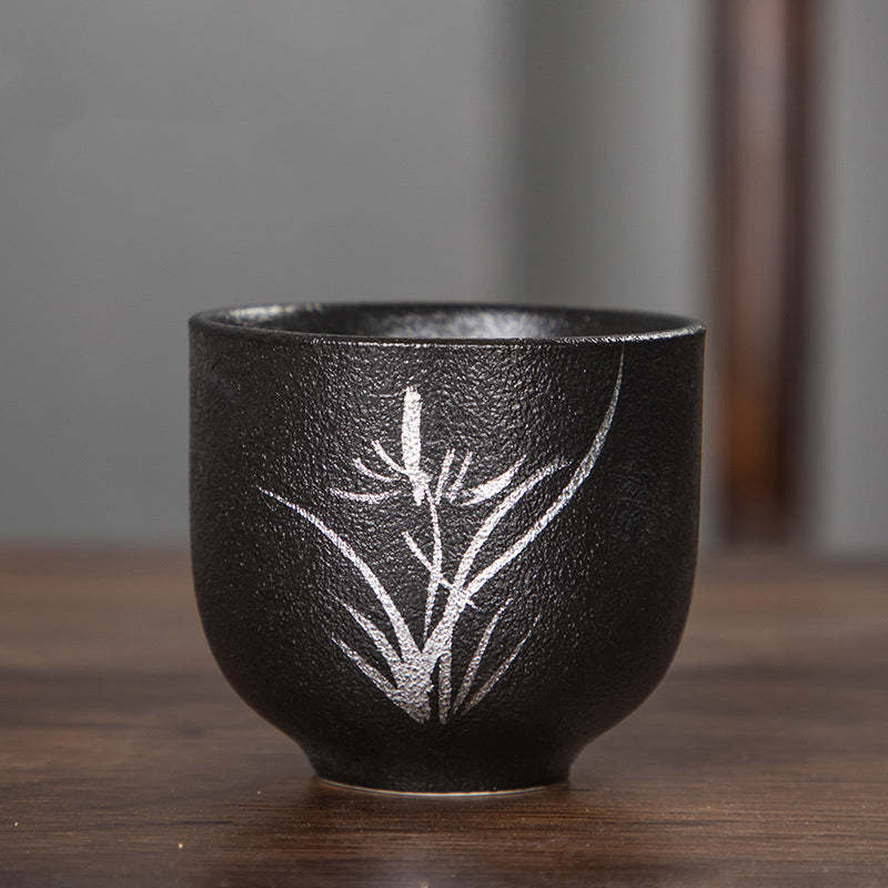 Hand Painted Lotus Flower Bamboo Chrysanthemum Black Pottery Ceramic Teacup Kung Fu Tea Cup 95ml