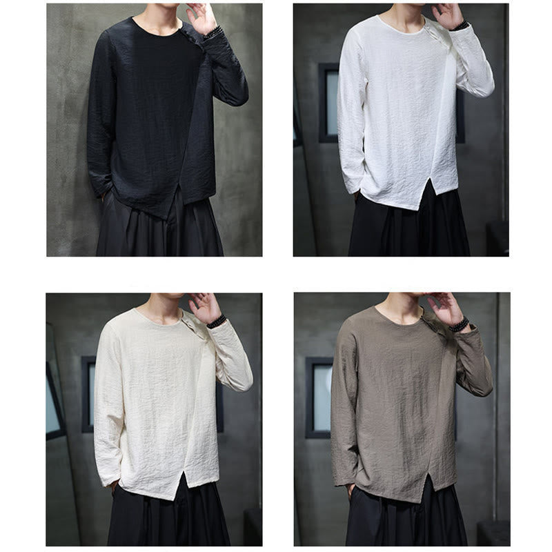 Solid Color Loose Long Sleeve Round Neck Cotton Men's Shirts