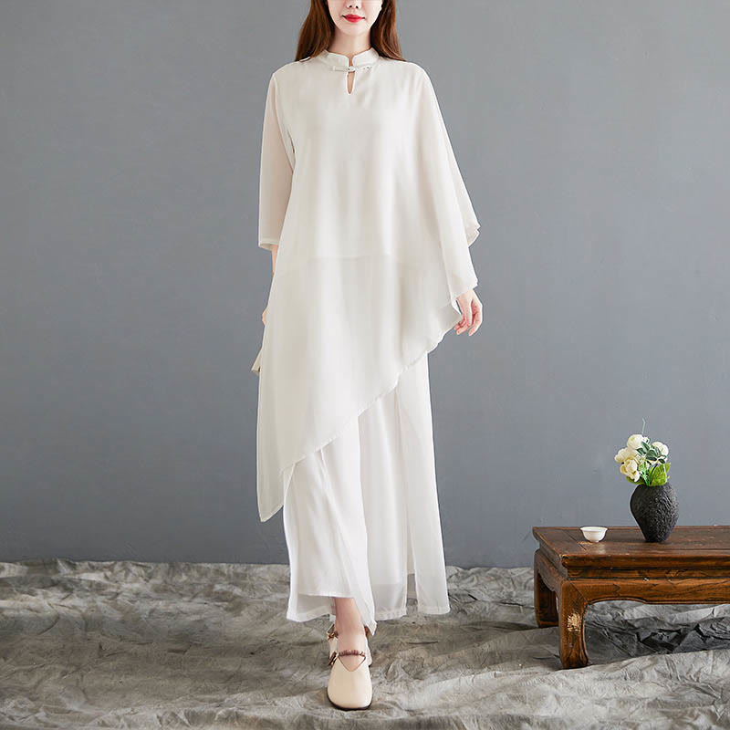 2Pcs Three Quarter Sleeve Irregular Design Shirt Wide Leg Pants Meditation Chiffon Women's Set