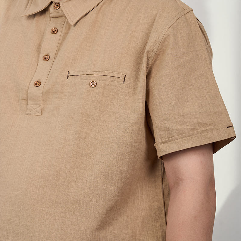 Men's Solid Color Button Short Sleeve Cotton?Linen Polo Shirt