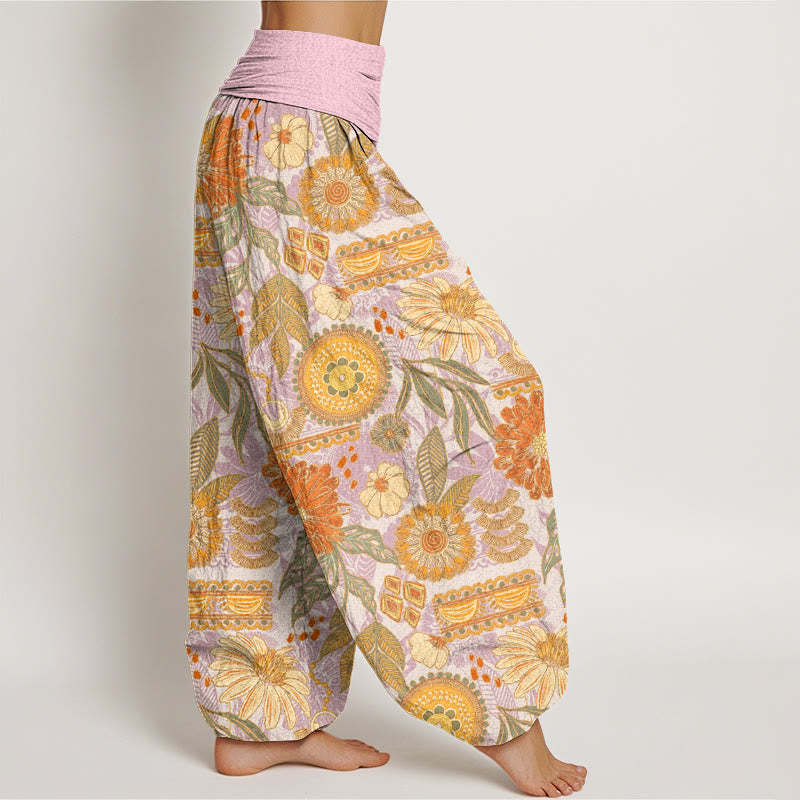 Sunflowers Round Floral Design Women's Elastic Waist Harem Pants