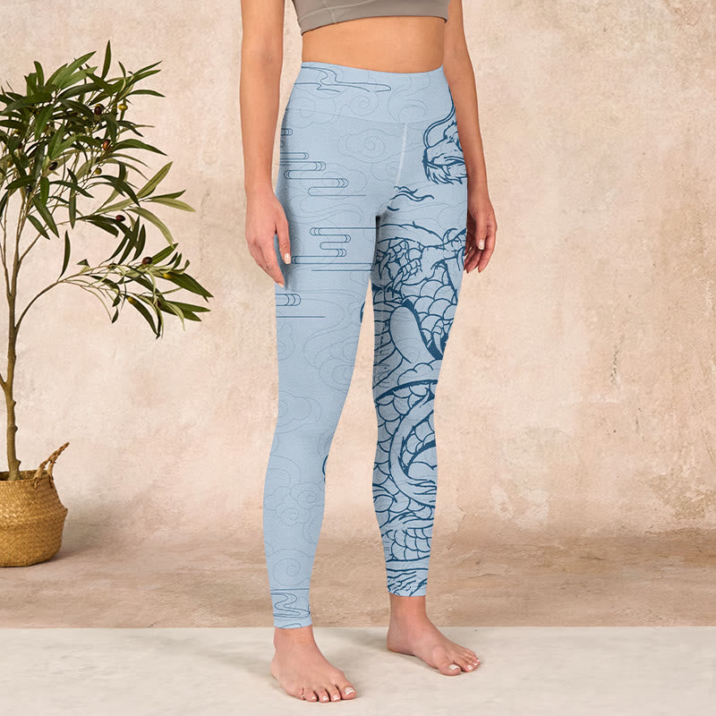 Blue Soaring Dragon Swirling Clouds Print Gym Leggings Women's Yoga Pants