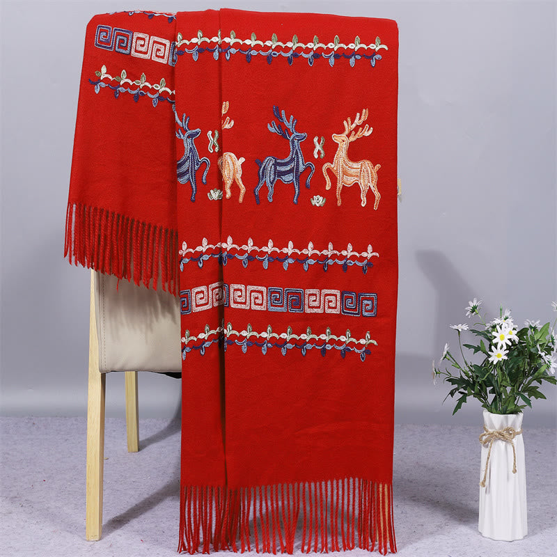 Rayon Fabric Shawl Sika Deer Embroidery Tassel Winter Cozy Travel Scarf Wrap