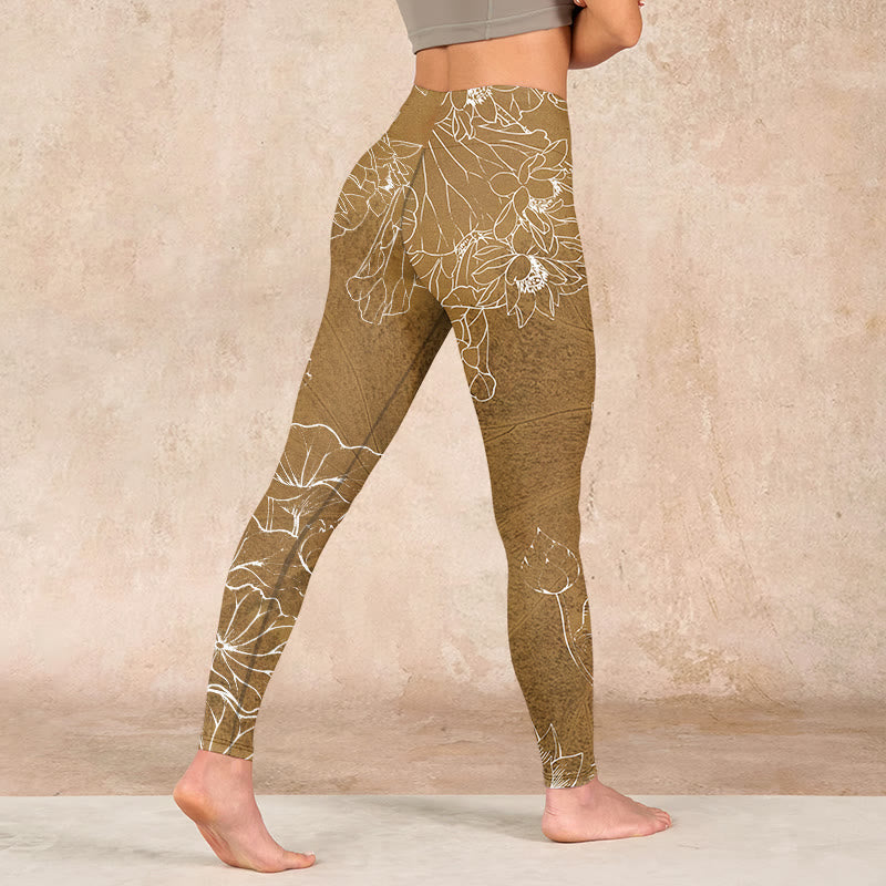 Goldenrod Lotus Flowers Leaves Print Gym Fitness Leggings Women's Yoga Pants