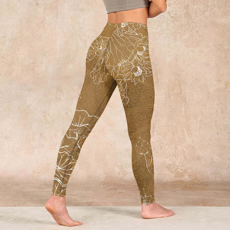 Goldenrod Lotus Flowers Leaves Print Gym Fitness Leggings Women's Yoga Pants