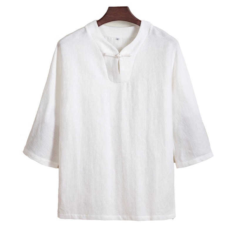 White Frog-button Linen Three Quarter Sleeve Men's Shirt