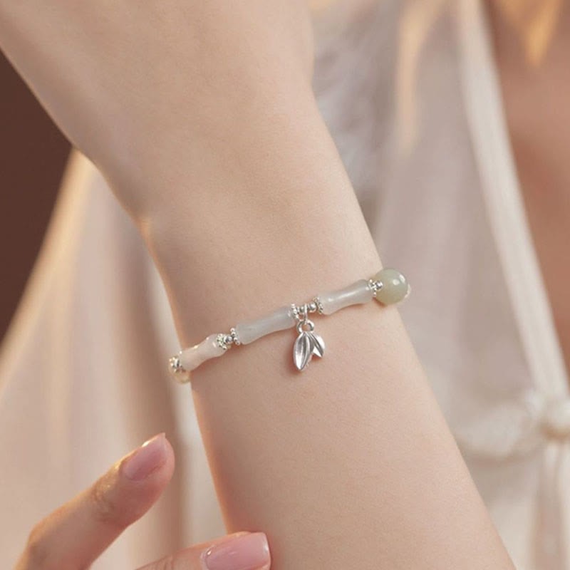 925 Sterling Silver Natural Tianshan Jade Bamboo Charm Luck Bracelet