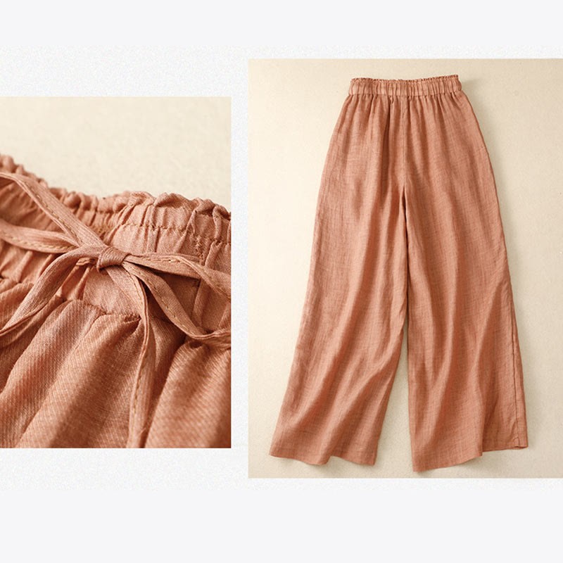 Floral Print High Waist Cotton Linen Drawstring Wide Leg Pants With Pockets