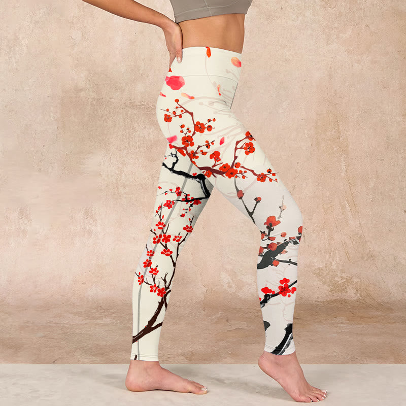 Blooming Red Plum Blossoms Print Gym Leggings Women's Yoga Pants