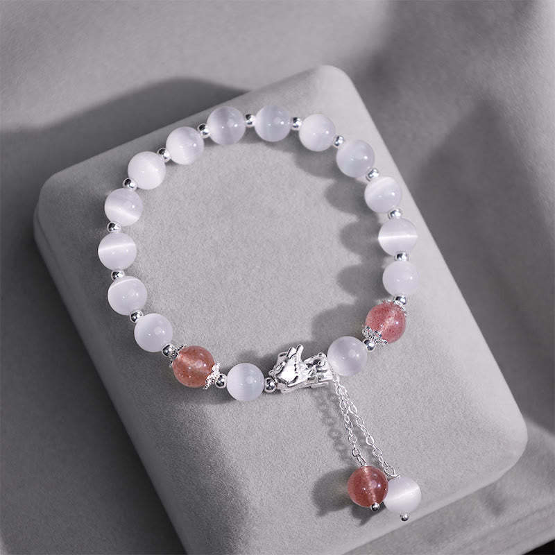 Natural Cat's Eye Moonstone Strawberry Quartz PiXiu Support Bracelet