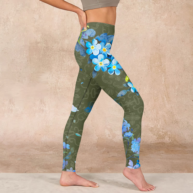 Blue Flowers Butterflies Print Gym Leggings Women's Yoga Pants