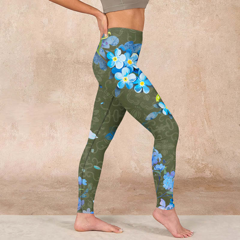 Blue Flowers Butterflies Print Gym Leggings Women's Yoga Pants