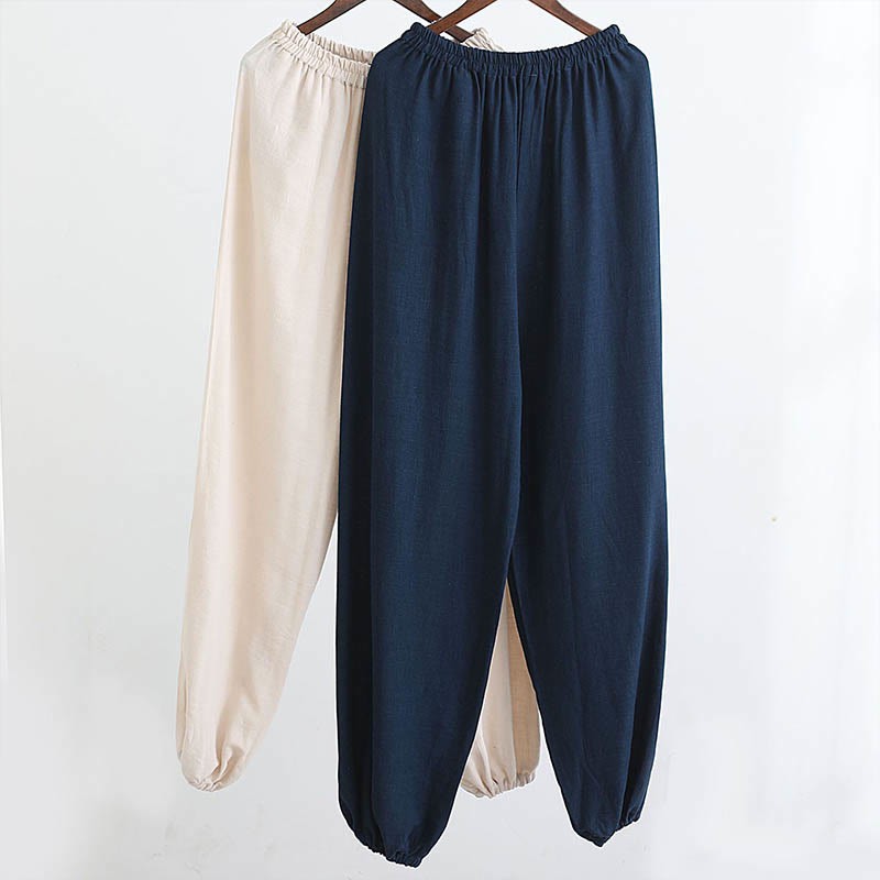 2Pcs V-Neck Men's Long Sleeve Shirt Top Pants Meditation Zen Tai Chi Cotton Linen Clothing Set