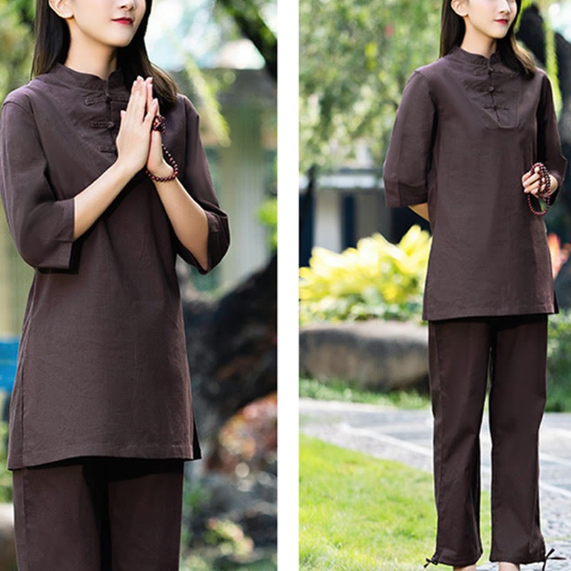 2Pcs Half Sleeve Shirt Top Pants Meditation Zen Tai Chi Cotton Linen Clothing Women's Set