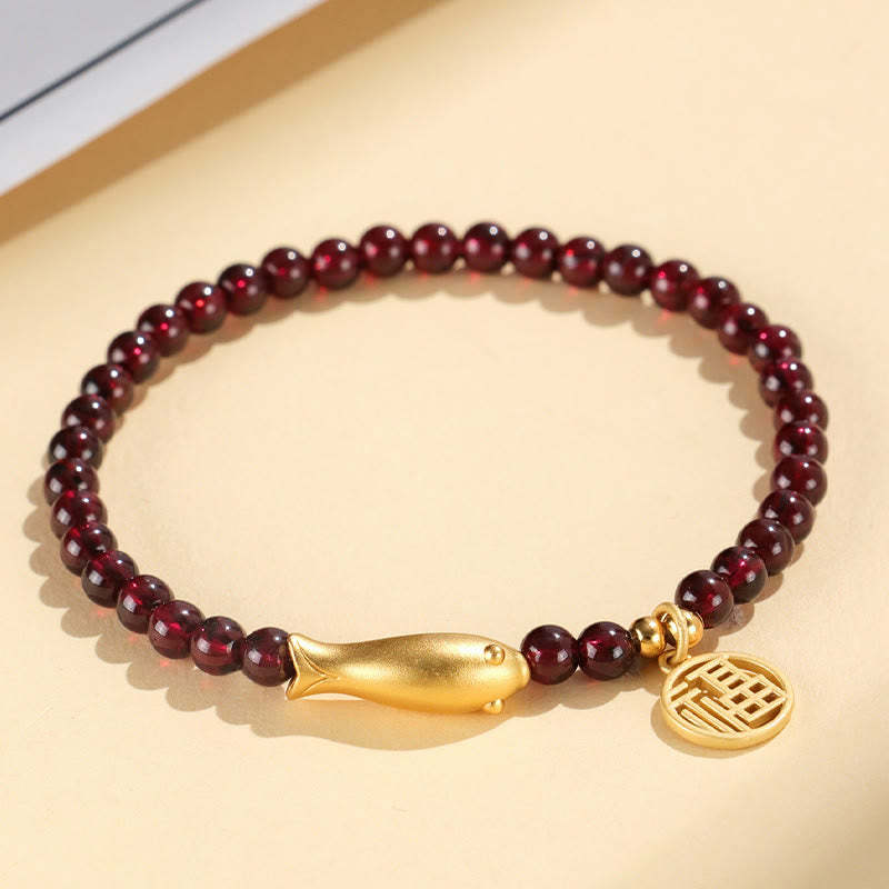 Garnet 925 Sterling Silver Fish Fu Character Purification Bracelet