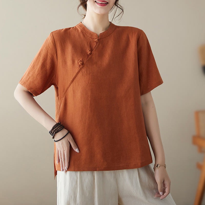 Solid Color Frog-Button Short Sleeve Cotton Linen Shirt