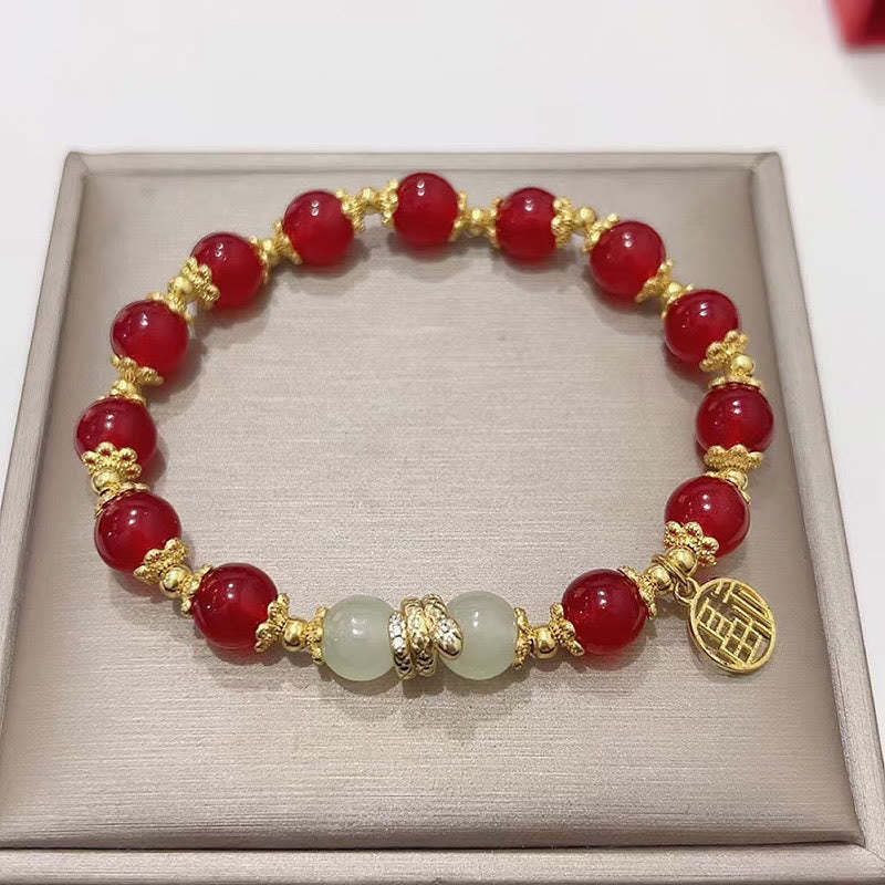 Red Agate Jade Fu Character Year of the Snake Calm Bracelet