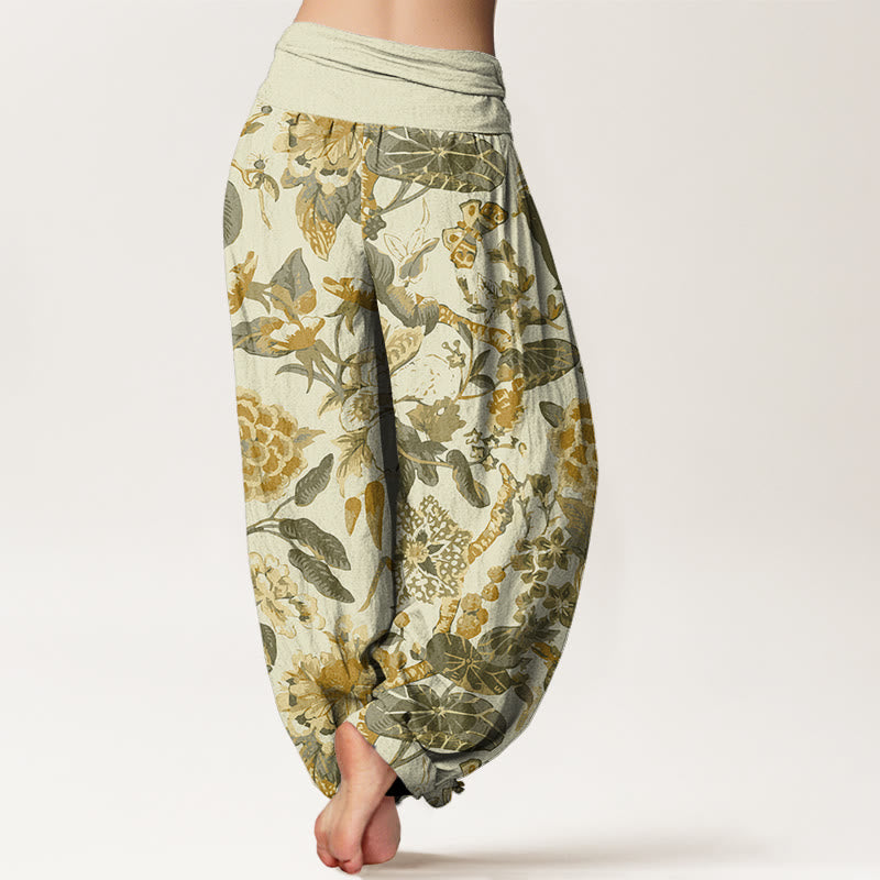 Lotus Leaf Peony Pattern Women's Elastic Waist Harem Pants