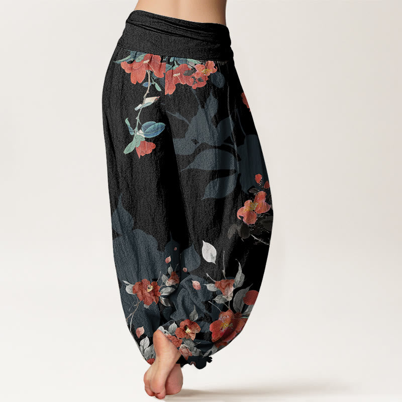 Red Flowers Green Leaves Bird Women's Elastic Waist Harem Pants