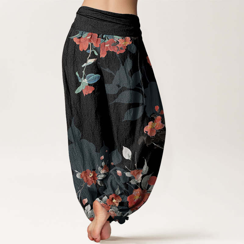Red Flowers Green Leaves Bird Women's Elastic Waist Harem Pants