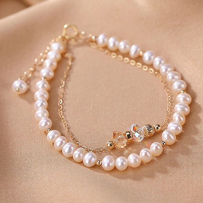 925 Sterling Silver 14K Gold Plated Natural Pearl Crystal Healing Double Layer Bracelet