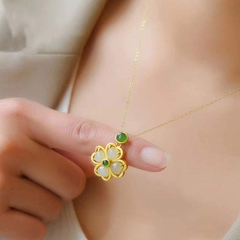 925 Sterling Silver Lucky Four Leaf Clover Jade Prosperity Necklace Chain Pendant