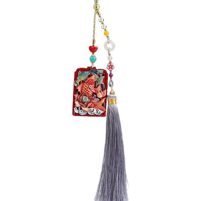 Natural Cinnabar Koi Fish Lotus Design Blessing Peace Buckle Car Hanging Decoration
