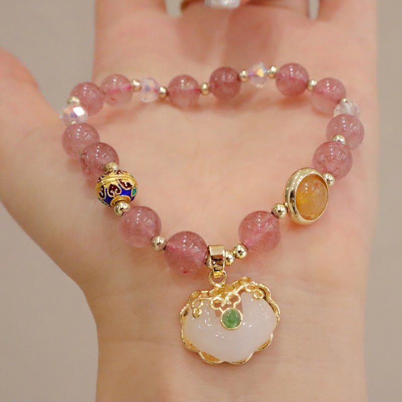 Strawberry Quartz Green Crystal Amethyst Healing Chinese Lock Charm Bracelet