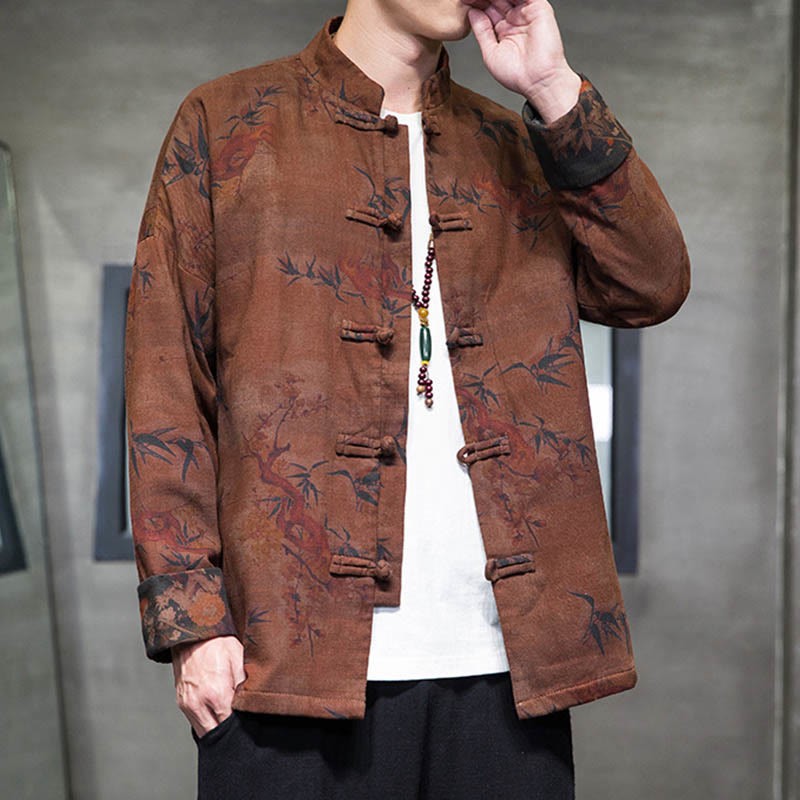 Frog-Button Chinese Tang Suit Long Shirt Cotton Men Jacket Clothing