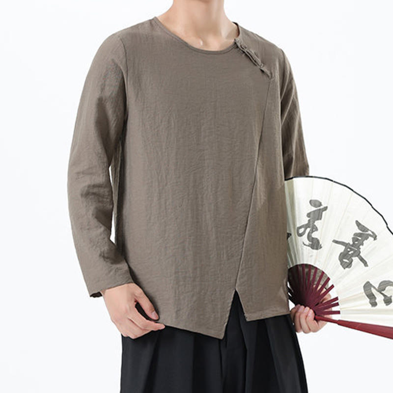 Men's Long Sleeve Round Collar Comfort Cotton Linen Shirt