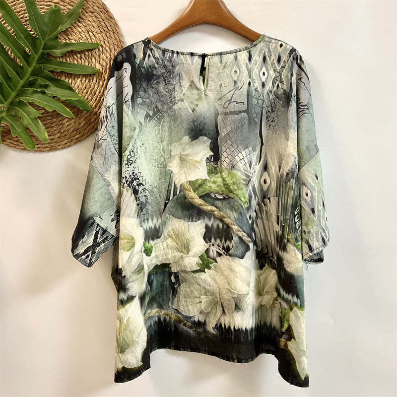 Casual Loose Printed Morning Glory Rope Women's Crew Neck Design Half Sleeve Polyester T-shirt